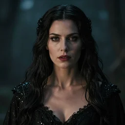 beautiful portrait of a dark sorceress female, 35mm, cinematic shot, photorealistic, depth of field