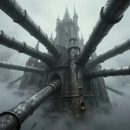 A gothic citadel being engulfed by metallic steelwork pipes, cinematic, foggy, fantasy art, artstationhq, concept art