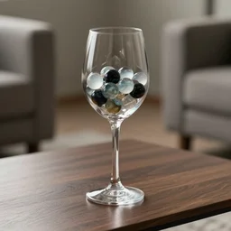 wine glass full of marbles, standing on a coffee table, 4K studio photo