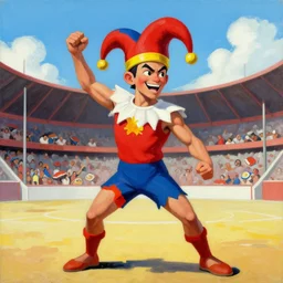 greg manchess portrait of a filipino fighting wearing a jester hat in a victorious pose in an arena, organic painting, sunny day, matte painting, bold shapes, hard edges, street art, trending on artstation, by huang guangjian, gil elvgren, ruan jia, randy vargas, greg rutkowski