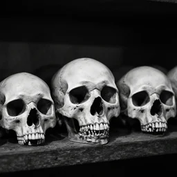 Skulls lying on a shelf. Close Up Shot, Dark Fantasy, Film Noir, Black and White. High Contrast, Mike Mignola, D&D, OSR -6