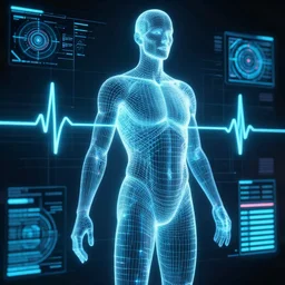 , human performance, wireframe human, heartbeat, technical diagram, dashboard, glowing wireframe, future scifi scene, biometric dials and displays in background, high detail, precise lines, angular, vector, biometric sensors