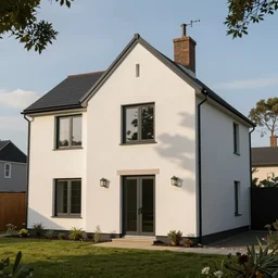 exterior of a Modern cottage with light white paint, photo