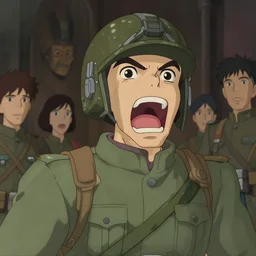 a stylized 2 d cinematic keyframe of a single screaming cyborg soldier, joy gaze, cel - shaded, classical animation, edge - to - edge print, rendered by studio ghibli, artgerm, alyssa monks, andreas rocha, david kassan, neil blevins, rule of thirds, golden ratio, ambient lighting