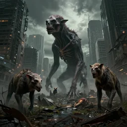 extinct animals in a post apocalyptic city, nightmare, hell, photograph, wild, highly detailed vfx, cinematic