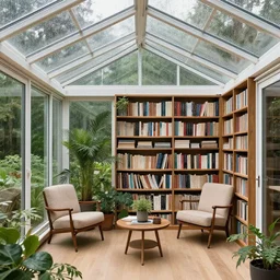 beautiful home library in a glass conservatory, vintage chairs and plants, forest outside, raining, interior design