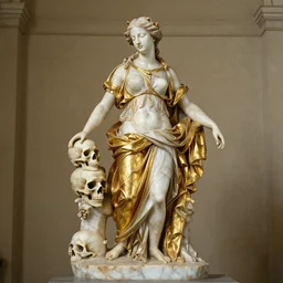 full shot of a half gold half marble statue of a beautiful woman and a skull, renaissance