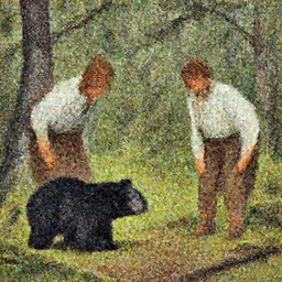 two Chippewa boys stalk a small black bear in the forest in the style of John Mix Stanley