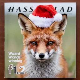 award winning portrait of a fox animal with a red santa claus hat, on the cover of a magazine, Hasselblad photograph, f1.2