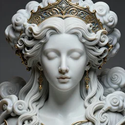 detailed realistic face portrait octane render, artwork by james jean, chiara bautista, smooth polished matte porcelain, queen of futility, jean delville, art nouveau, james jean spiraling clouds, exquisite ornate metal gothic icon heavy patina, joy, delicate, enchanting, otherworldly, whimsical, ethereal, mythology, magical