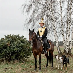 a movie still by tarkovsky of henry iv with a jewel and gold chestplate in a field on a horse with dogs with heavy bush and birch forest, cinestill 8 0 0 t 3 5 mm b & w, heavy grain, high quality, noir, natural textures, photorealistic, natural textures, ambient occlusion, hd, fog, criterion collection