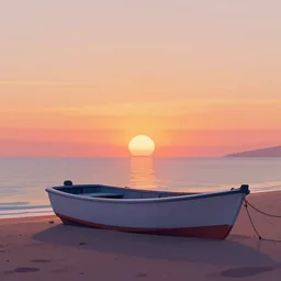 a boat chilling on the beach, sunset, vaporwave