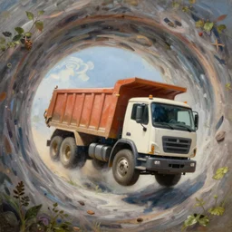 classic oil painting, a dump truck flying through time, inside a worm hole, cottagecore, highly detailed, digital illustration, concept art, smooth, sharp focus, art by greg hildebrandt, and tim hildebrandt