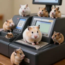 photo of a hamster, on a cash register in a cinema, various poses, unedited, soft light, sharp focus, 8 k