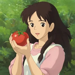 a movie poster of a pretty woman holding a tomato in the style of ghibli