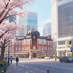 tokyo shibuya station. volumetric lighting, spring early morning, dew, nice weather, realistic illustration, perfectly shaded, soft painting, art by krenz cushart and wenjun lin