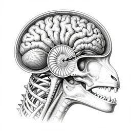 hyper-detailed vintage color pencil antique medical illustration of Kaiju head cross-section, nautilus brain, ribcage, xhenomorph, with tentacles coming out of open mouth and exposed jaw bone, spinal column, cerebral corpus callosum, interventricular foramen, symmetrical
