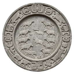 a engraving of a circular stone frame carved by patagonian aboriginal peoples, with detailed relief telling stories of animals and selknam, engraving by goya, symetrical