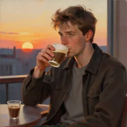 attractive man drinking coffee, sunset, painting by ross tran, vladimir volegov, j. c. leyendecker, tom of finland, trending on artstation
