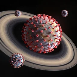 covid-19 spike protein flying through outer space over the rings of saturn