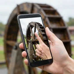 fingers on a watermill wheel swiping up on a smartphone