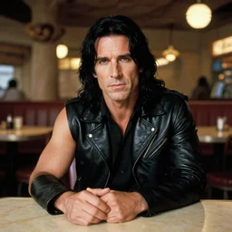 rhett sarlin sitting at a table in a cantina on tatooine, long black hair, black leather vest, portrait by ralph mcquarrie