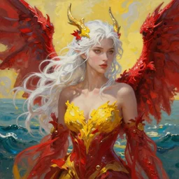 a realistic detail portrait of a beautiful female angle has white hair in ocean,  magic, dragon, oil painting by Julian calle, wlop, greg rutkowski, Finnian MacManus, Trending on artstation, red  and yellow scheme, 8k, Unreal Engine