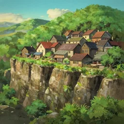 village on the side of a cliff, sharp focus, vignette, key anime visuals, studio ghibli, trending on artstation, very detailed, 4 k