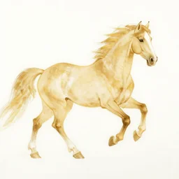 beautiful serene horse, healing through motion, minimalistic golden ink aribrush painting on white background