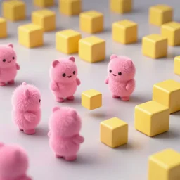 a battle between the pink fluffs and the yellow cubes, volumetric lighting, epic, digital art