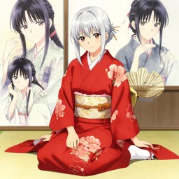 girl, silver hair, red kimono with flower patterns, sitting, detailed, looking to camera, full body shot, well iluminated, ilustration by (Takehiko Inoue and) Yoann Lossel