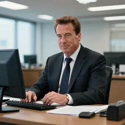 arnold schwarzenegger as conan the barbarian sitting at a desk, as an office worker, in an office, inside an office building, sitting at a desk, angrily shouting at a laptop, angry at laptop, laptop computer, computer trouble, technical difficulties, software error, crisp lighting