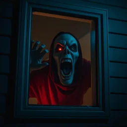 screaming scary face outside window at night lit by flashlight