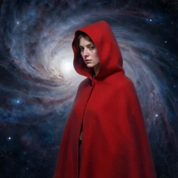 a woman in a red hooded cloak in a nebula, by Odd Nerdrum