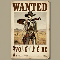 a skeleton on a western bounty poster, wild west, wanted, dead or alive