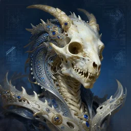 portrait of jewel bone-dragon oracle physically accurate, moody dynamic lighting, very very intricate, very very elegant, highly detailed, digital painting, artstation, in the style of Rob Lefield and Dan Mumford , trending on artstation, digital art,surrealism ,macro,blueprint ,vaporwave ,