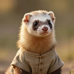 a beautiful closeup shot from a fantasy film of a humanoid ferret wearing a loose tunic. an anthropomorphic ferret. utopian. golden hour. hyperrealism. james gurney, joseph ducreux, greg rutkowski.