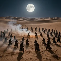 htwo armies of liches fighting in a desert plateau, view from above, full moon, brightly lit