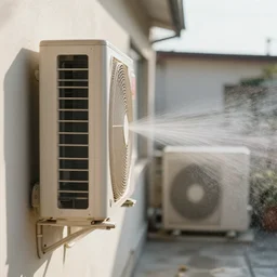 close - up seen a profile wall with an air conditioner in the room and an air conditioner on the terrace with water spray faded conneted by transparent cables, depth of field, sunny, ultra realistic, very detailed, 8 k hyper realistic detailed cinematic still by nadav kander