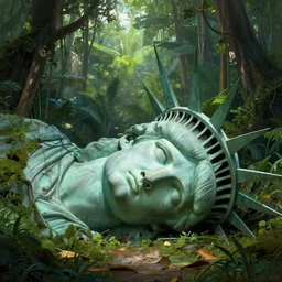 giant stolen statue of libertys head is abandoned lying sideways on the ground of the mystic jungle.by frazetta