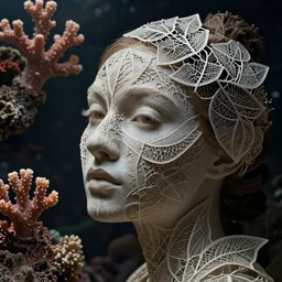 a woman's face entwined in a coral reef, made of intricate decorative lace leaf skeleton, in the style of the dutch masters and gregory crewdson, dark and moody