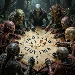 cryptids playing with a ouija board, horror art by beksinski and szukalski and giger and and pyromallis and dzo and iris compiet and seb mckinnon and, digital art, highly detailed, intricate, sharp focus, trending on artstation hq, deviantart, pinterest, unreal engine 5, 4 k uhd image