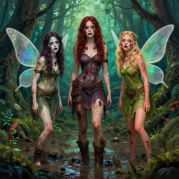 mix of beautiful zombie girl, mariel hemmingway and elle macpherson as fairies, perfect faces, magical forest, muddy swamp, very coherent and colorful high contrast art, artstation, deviantart, digital art