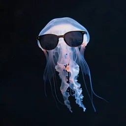 a jellyfish wearing sunglasses in space, professional photo, epic shot, dramatic lighting