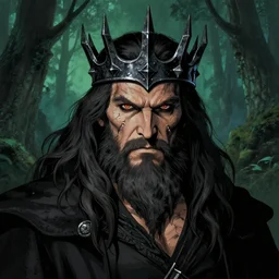 portrait of grizzled male god of the damned, black iron crown, claw scars, strong line, deep color, forest, beautiful! coherent! by boris vallejo, by brian froud