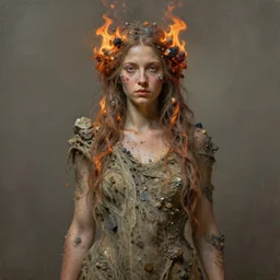 oil portrait | single character | full medium shot | front close - up | dressed in long rags with minerals, fire in your hair, ethereal, accurate goddess, tiny mineral embellishments on the face, particles, octane render, devianart, fine art, intrincate. by peter mohrbacher, marc simonetti, anna podedwor