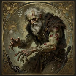 old man turning into a zombie, deep focus, d & d, fantasy, intricate, elegant, highly detailed, digital painting, artstation, concept art, matte, sharp focus, illustration, hearthstone, art by artgerm and greg rutkowski and alphonse mucha