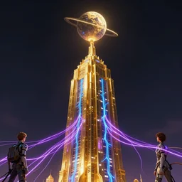 golden tower with planet on the top, by greg rutkowski, by anton fadeev, by rhads, 4 k, cyber punk style, glowing blue veins, purple glowing wires