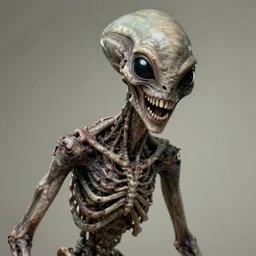 humanoid with crooked teeth, two black eyes, long gaping mouth, alien looking, big forehead, horrifying, killer, creepy, dead, slightly realistic, long neck, boney, monster, tall, skinny, skullish, deathly, in the style of alfred kubin