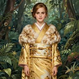 asian emma watson wearing golden furisode, full shot, jungle background, intricate, highly detailed, concept art, sharp focus, illustration, aleksi briclot, rutkowski, mucha